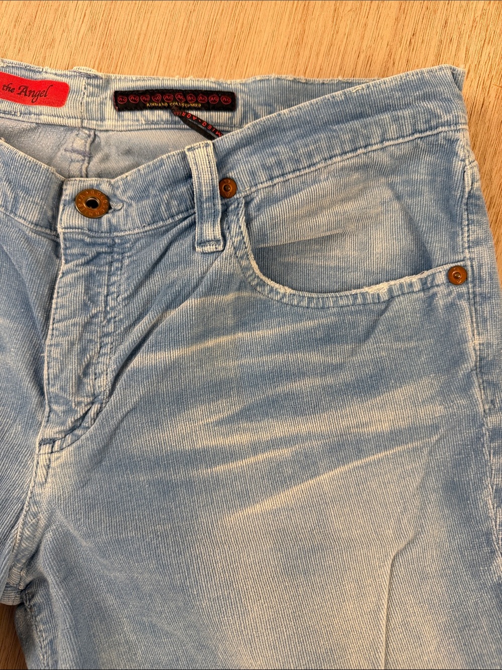 AG Adriano Goldschmied The Angel Distressed Corduroy Pants Light Blue Bootcut 31 - Picture 7 of 12